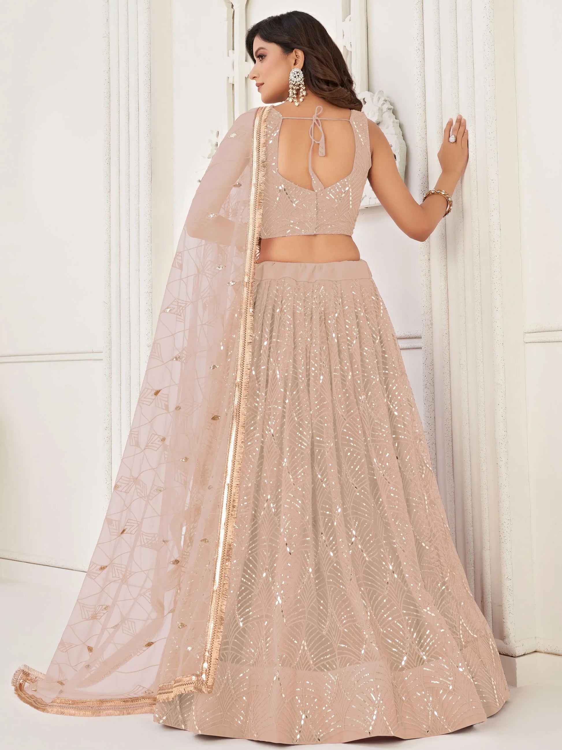 Enchanting Beige Thread Work Net Festivals Wear Lehenga With Dupatta