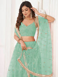 Striking Green Sequins Work Net Party Wear Lehenga Choli With Dupatta