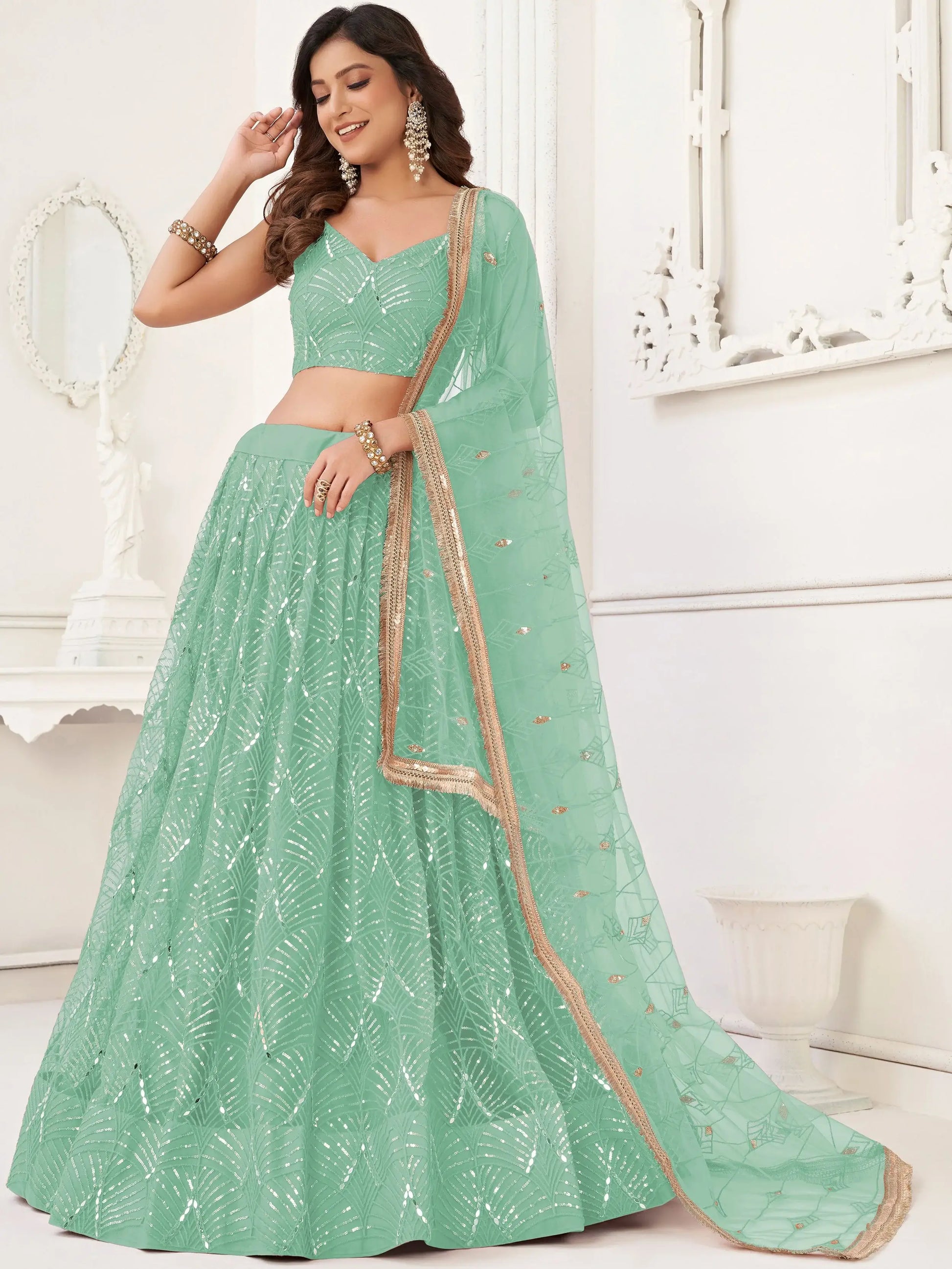 Striking Green Sequins Work Net Party Wear Lehenga Choli With Dupatta