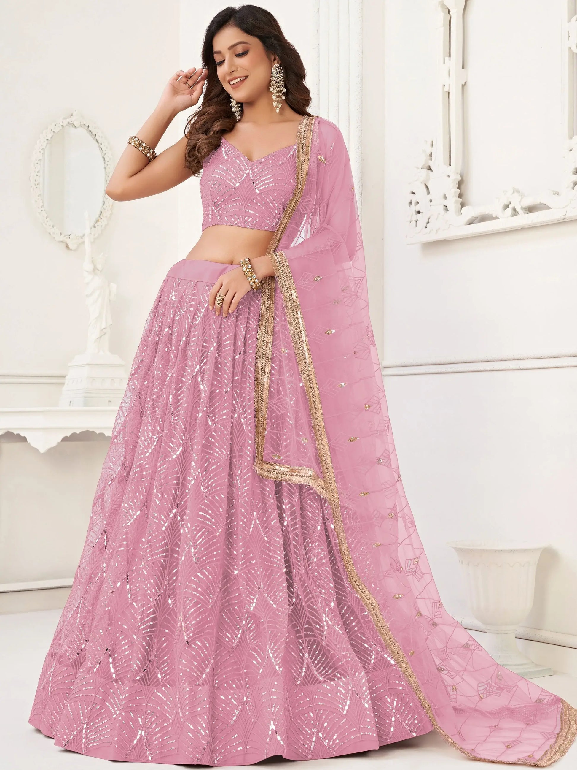 Charismatic Pink Thread Work Net Festivals Wear Lehenga With Dupatta 