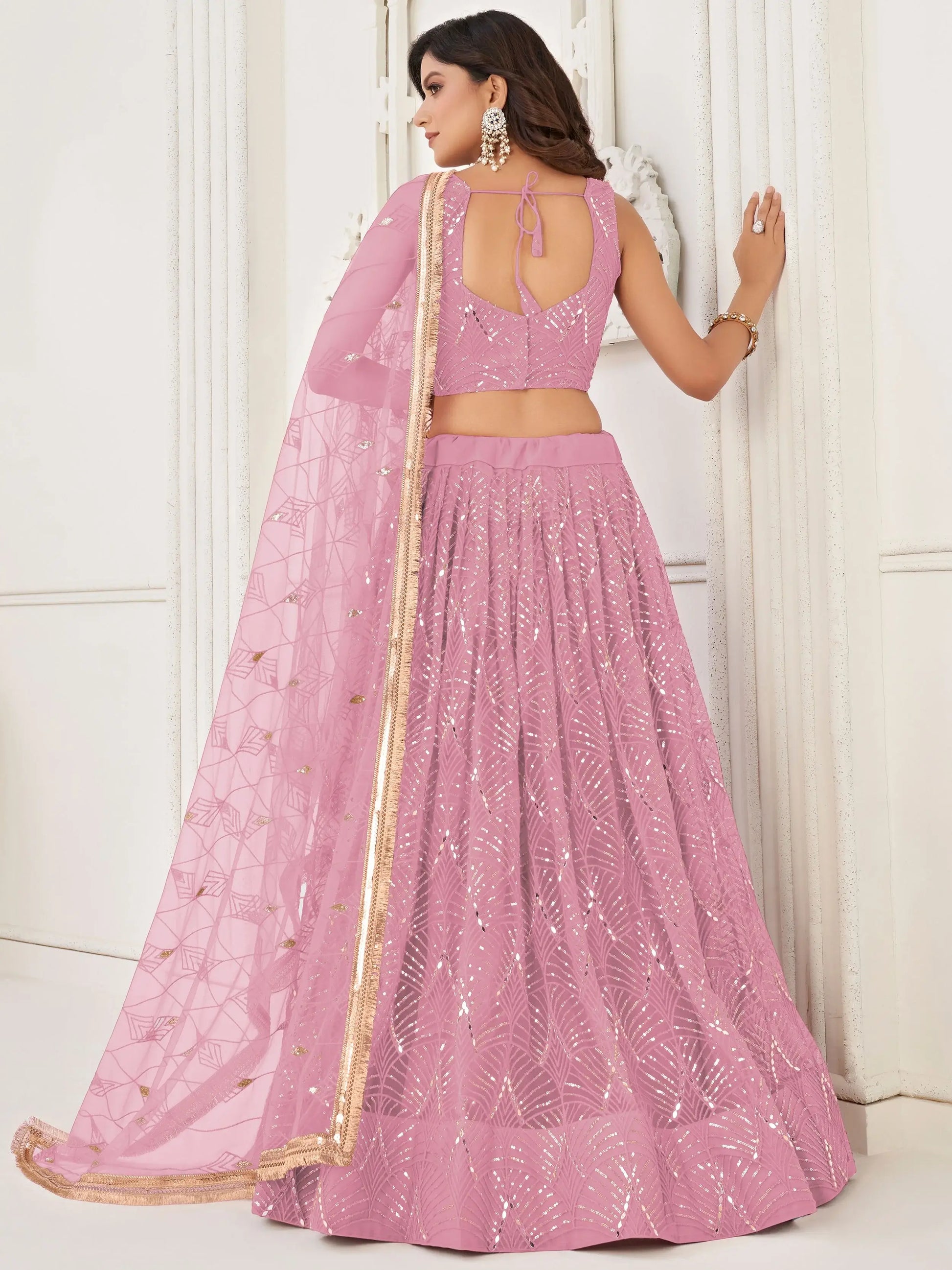 Charismatic Pink Thread Work Net Festivals Wear Lehenga With Dupatta 