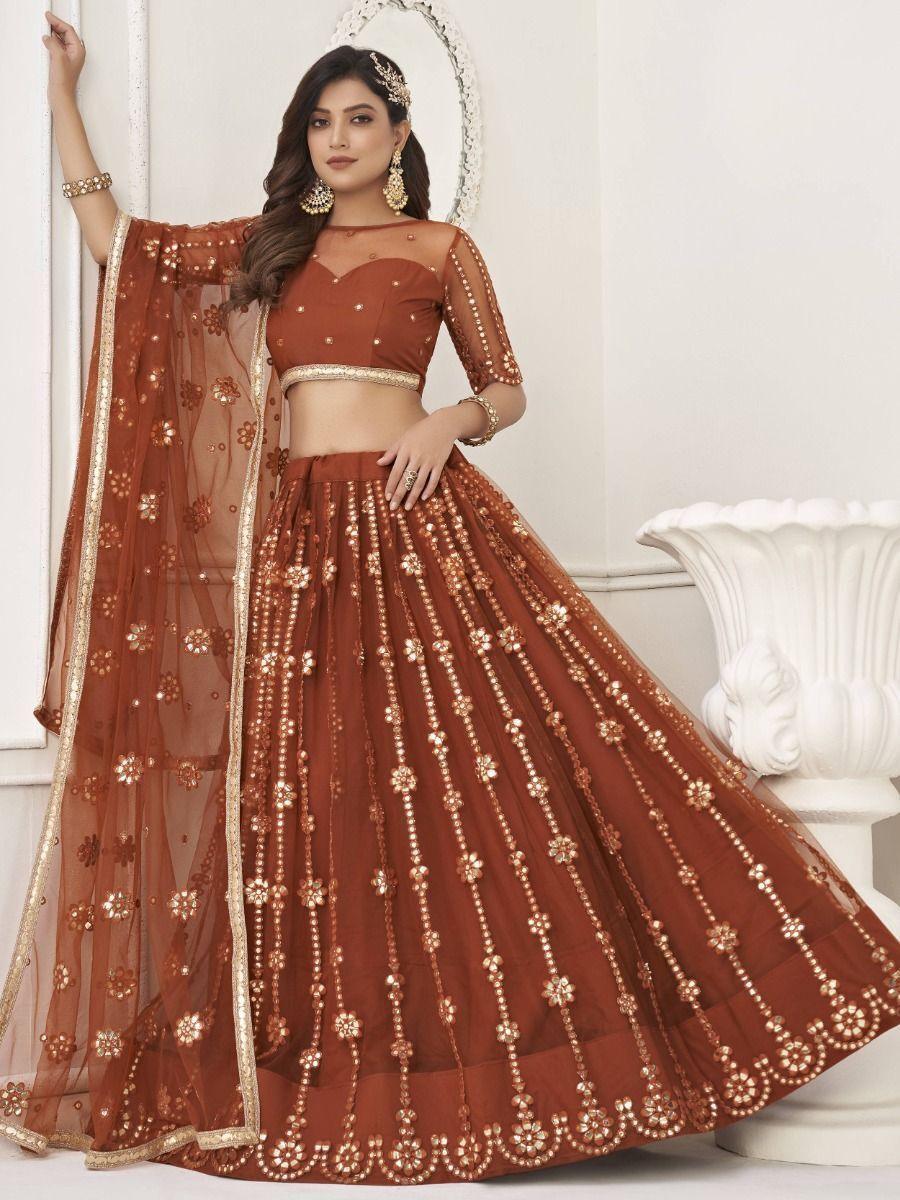 Glamorous Brown Mirror Work Net Wedding Wear Lehenga Choli