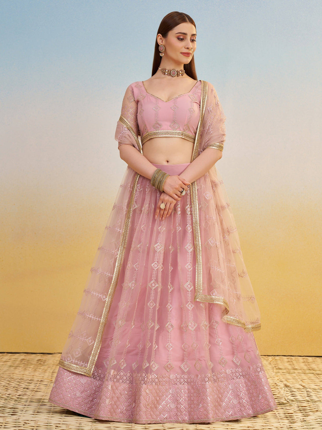 Sweet Baby Pink Thread Embroidery Net Bridesmaid Lehenga Choli With Dupatta