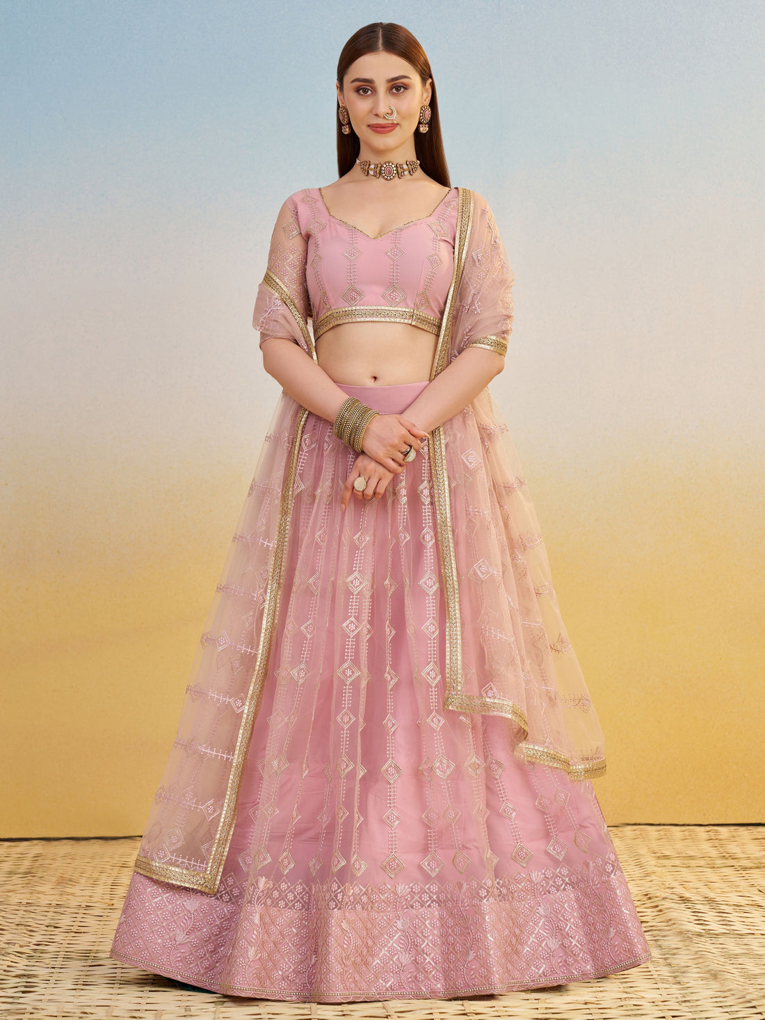 Sweet Baby Pink Thread Embroidery Net Bridesmaid Lehenga Choli With Dupatta