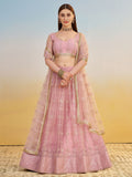 Sweet Baby Pink Thread Embroidery Net Bridesmaid Lehenga Choli With Dupatta