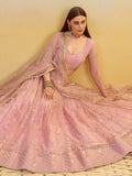 Sweet Baby Pink Thread Embroidery Net Bridesmaid Lehenga Choli With Dupatta