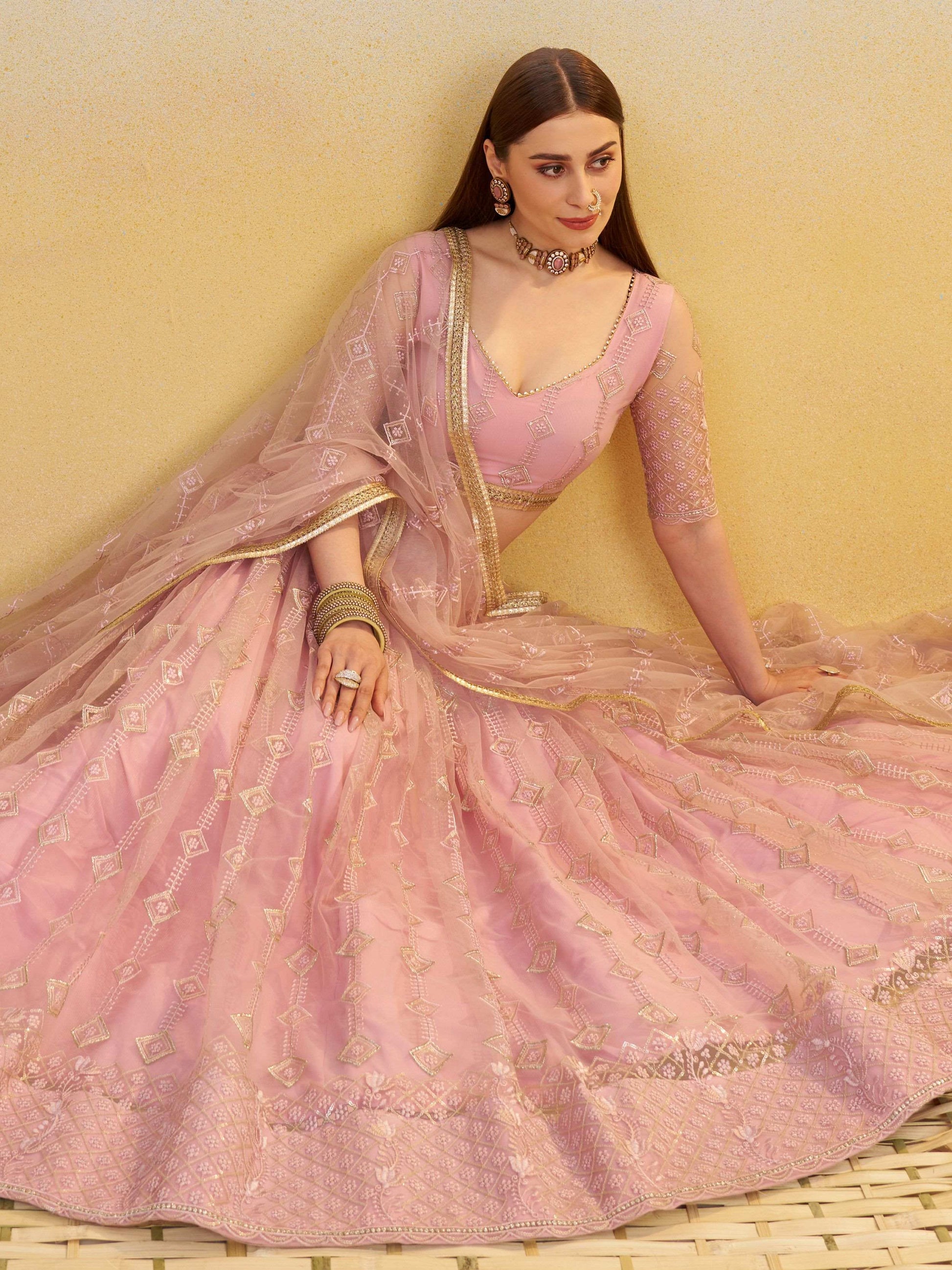 Sweet Baby Pink Thread Embroidery Net Bridesmaid Lehenga Choli With Dupatta