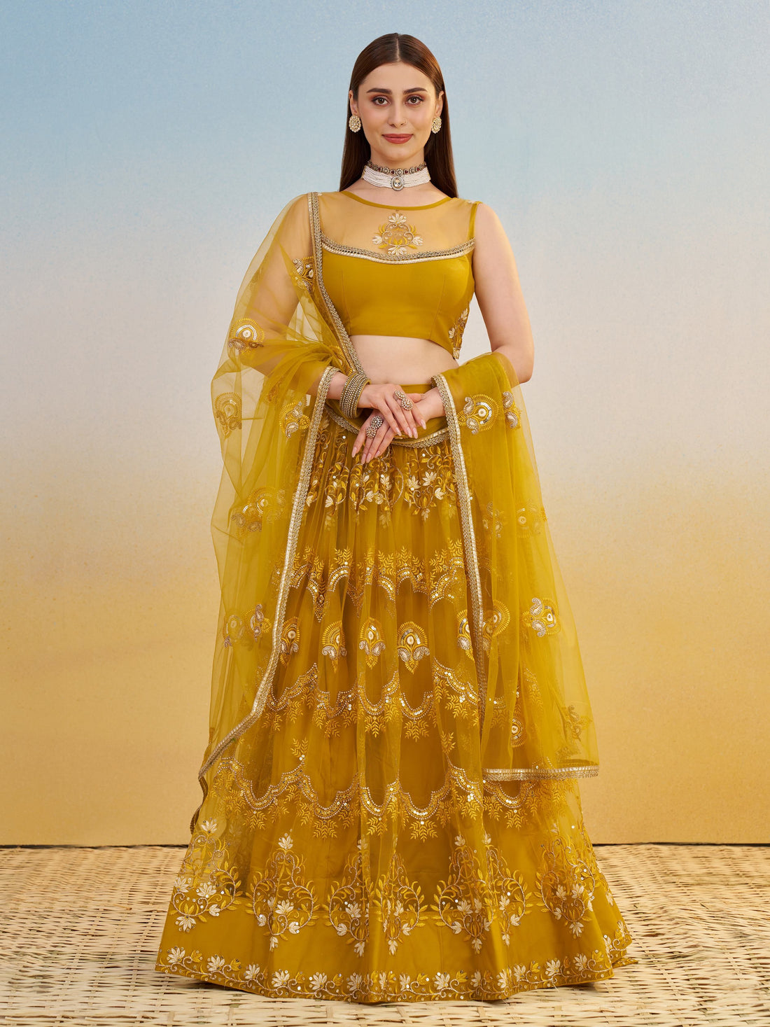 Phenomenal Mustard Yellow Thread Work Net Haldi Wear Lehenga Choli