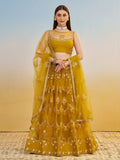 Phenomenal Mustard Yellow Thread Work Net Haldi Wear Lehenga Choli