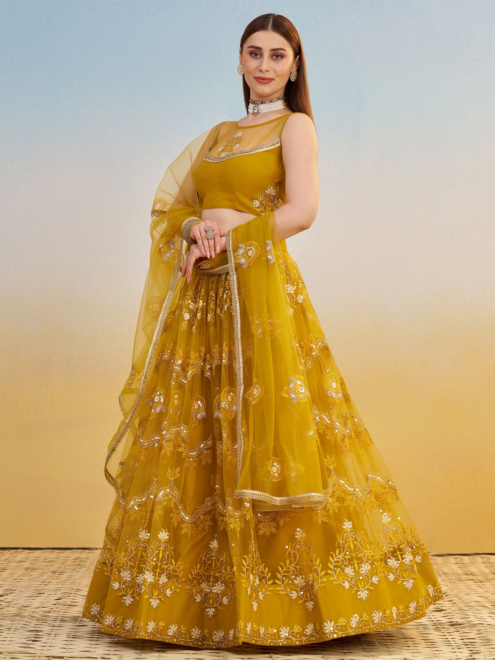 Phenomenal Mustard Yellow Thread Work Net Haldi Wear Lehenga Choli