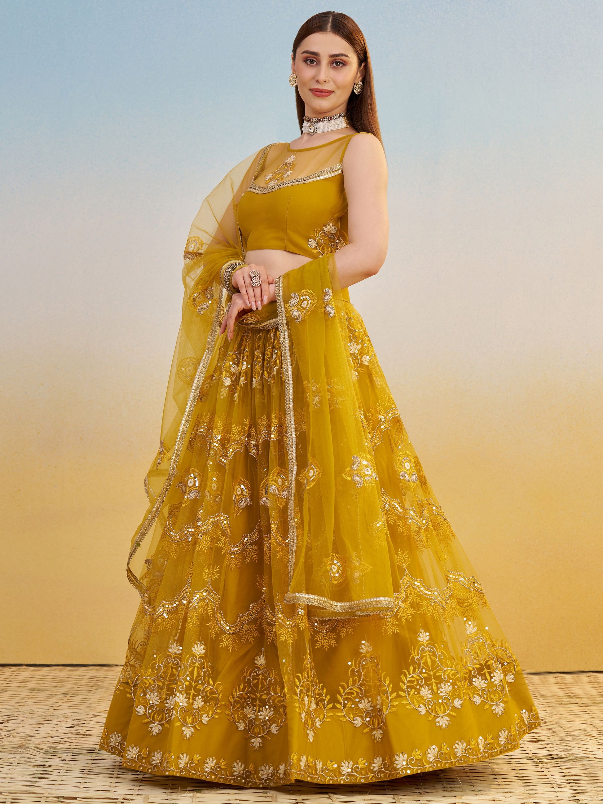 Phenomenal Mustard Yellow Thread Work Net Haldi Wear Lehenga Choli