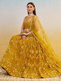 Phenomenal Mustard Yellow Thread Work Net Haldi Wear Lehenga Choli