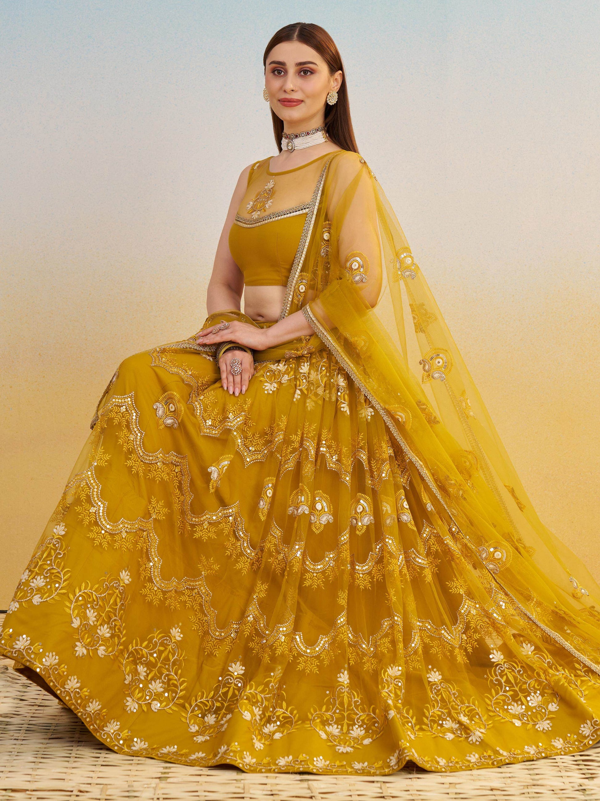 Phenomenal Mustard Yellow Thread Work Net Haldi Wear Lehenga Choli