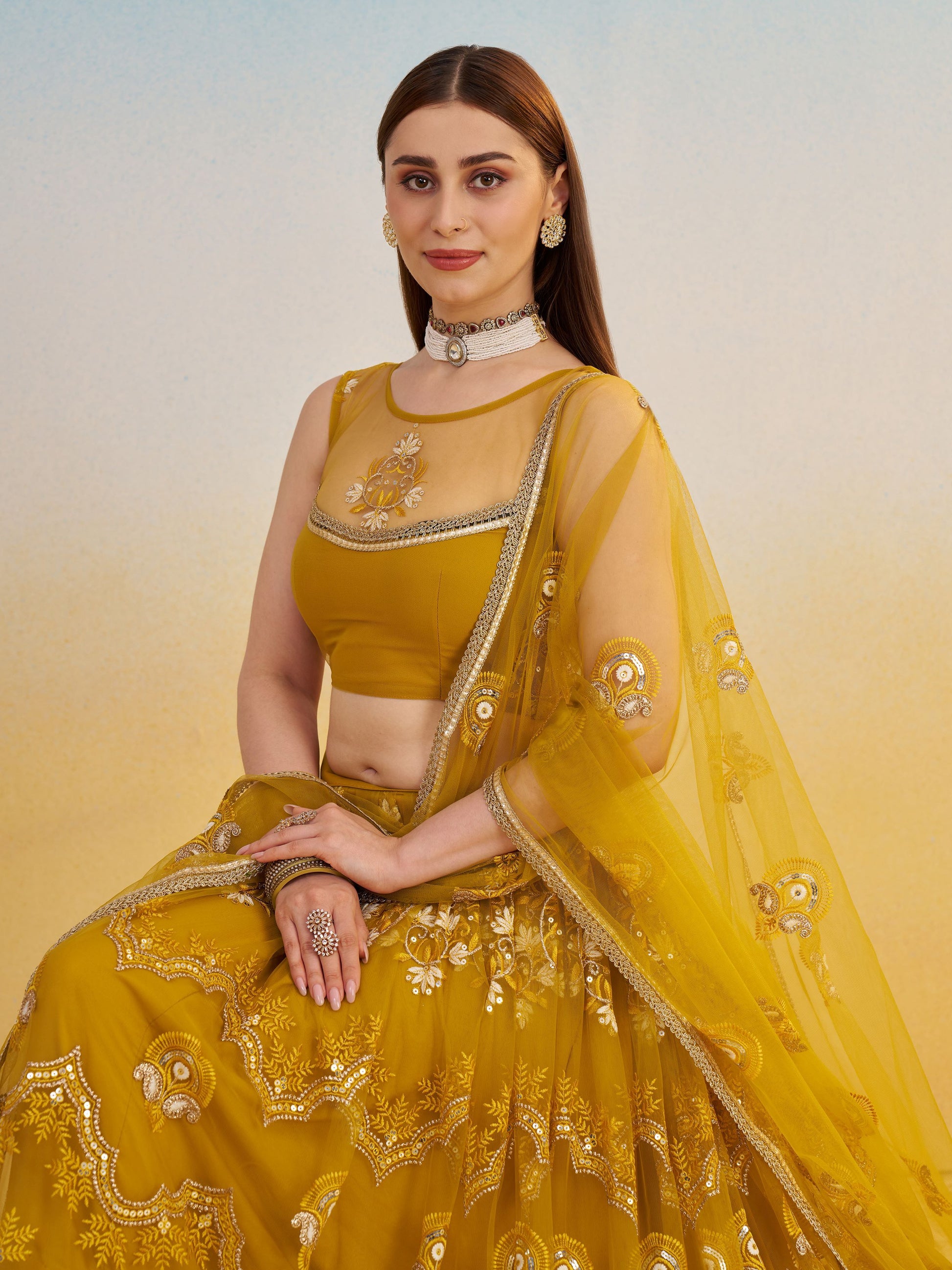 Phenomenal Mustard Yellow Thread Work Net Haldi Wear Lehenga Choli