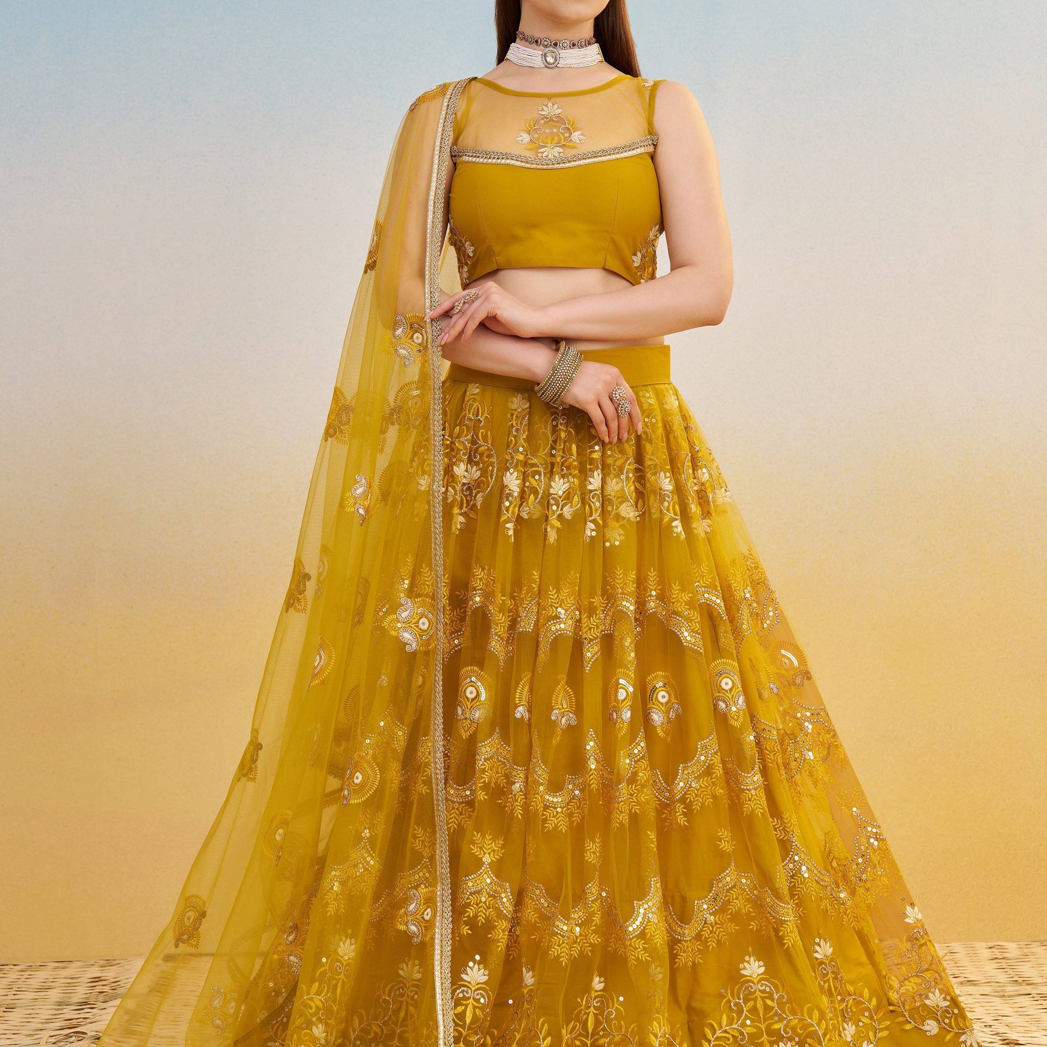 Phenomenal Mustard Yellow Thread Work Net Haldi Wear Lehenga Choli