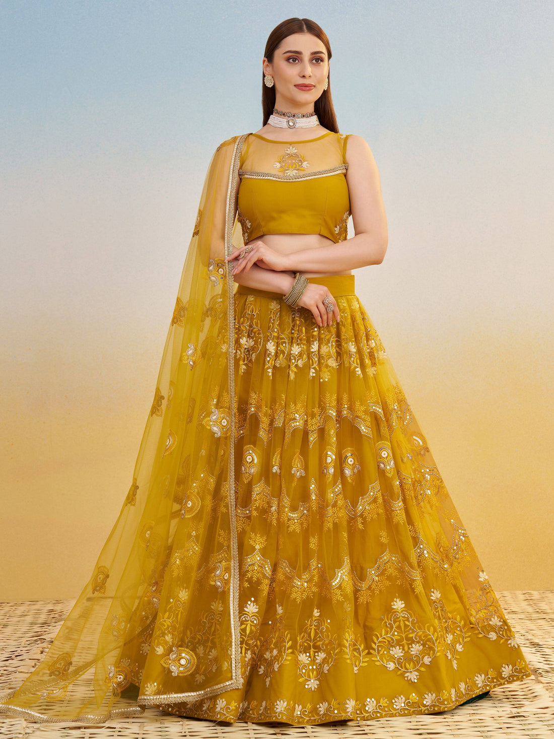 Phenomenal Mustard Yellow Thread Work Net Haldi Wear Lehenga Choli
