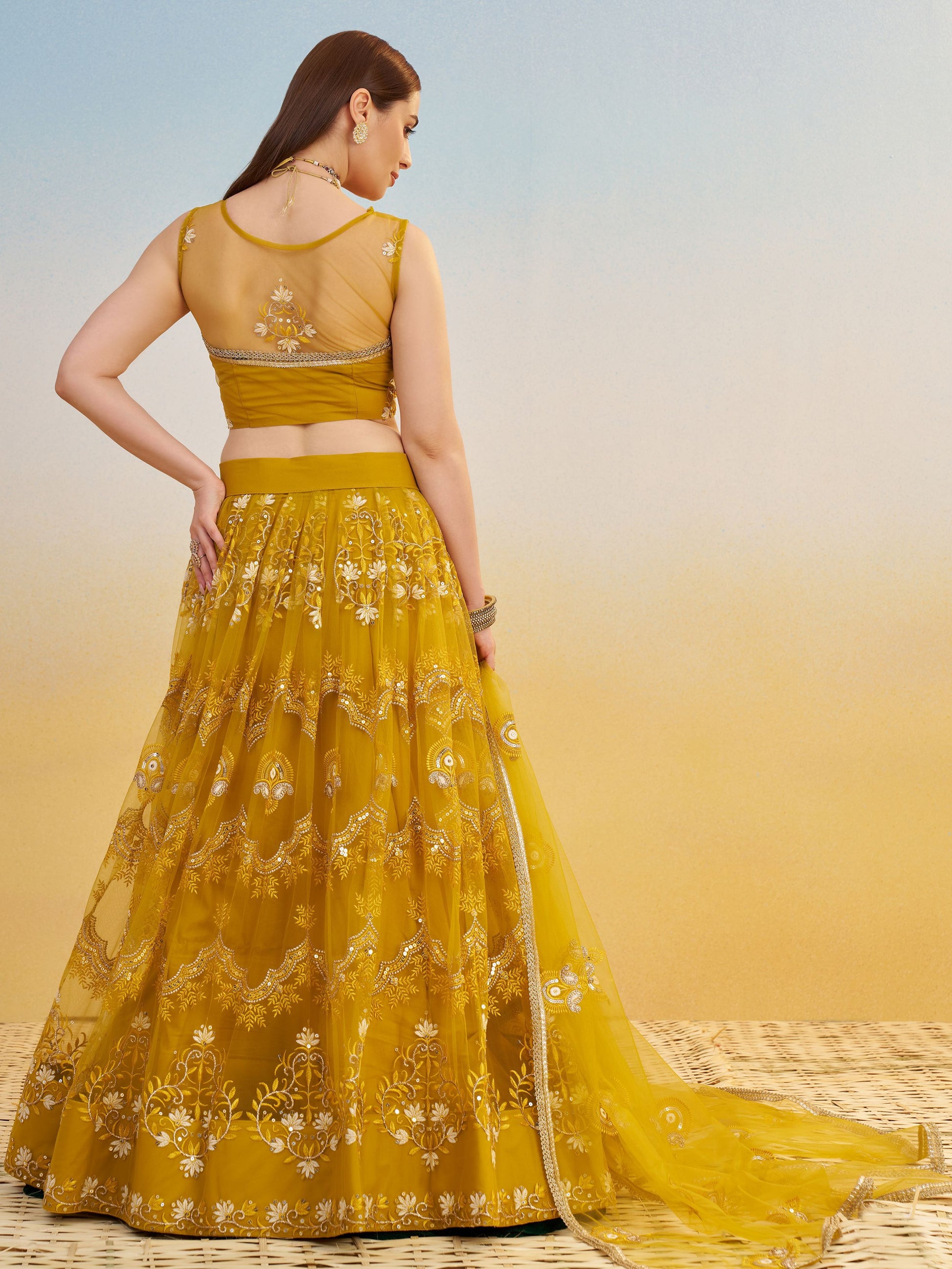 Phenomenal Mustard Yellow Thread Work Net Haldi Wear Lehenga Choli