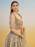 Elegant Brown Embroidered Net Wedding Wear Lehenga Choli With Dupatta