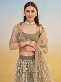 Elegant Brown Embroidered Net Wedding Wear Lehenga Choli With Dupatta