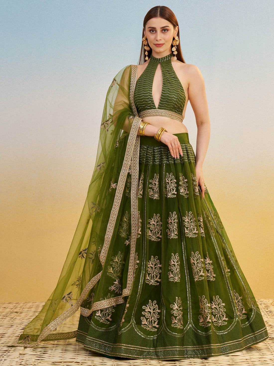 Pleasant Green Sequins Work Net Mehendi Wear Lehenga Choli With Dupatta