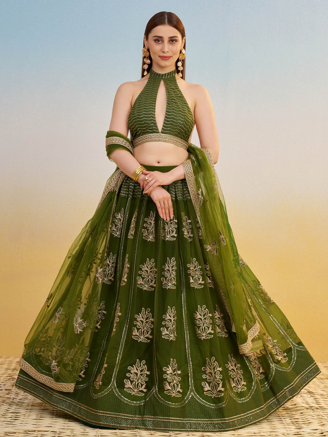 Pleasant Green Sequins Work Net Mehendi Wear Lehenga Choli With Dupatta