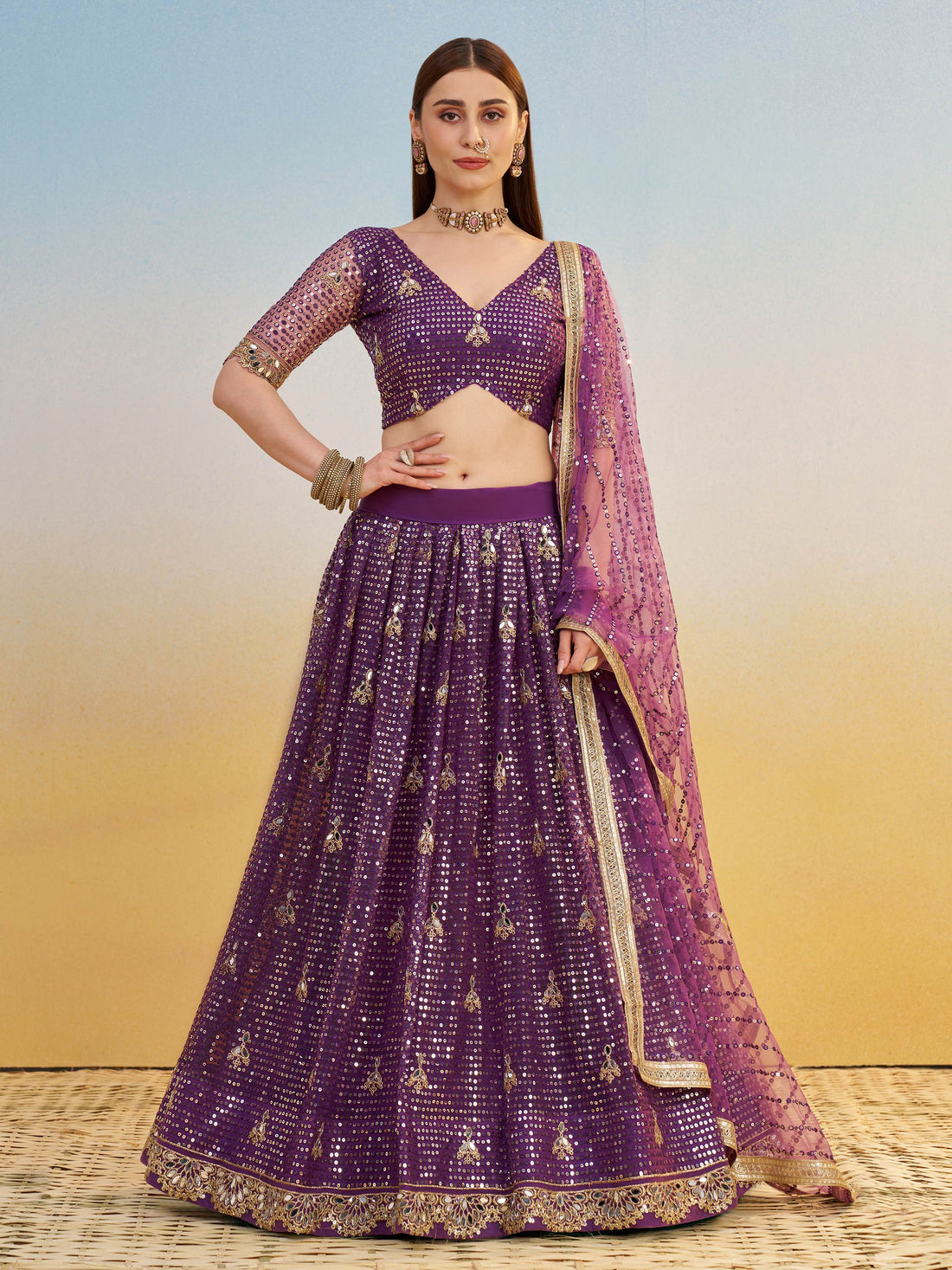 Delicate Purple Sequins Embroidered Net Lehenga Choli With Dupatta
