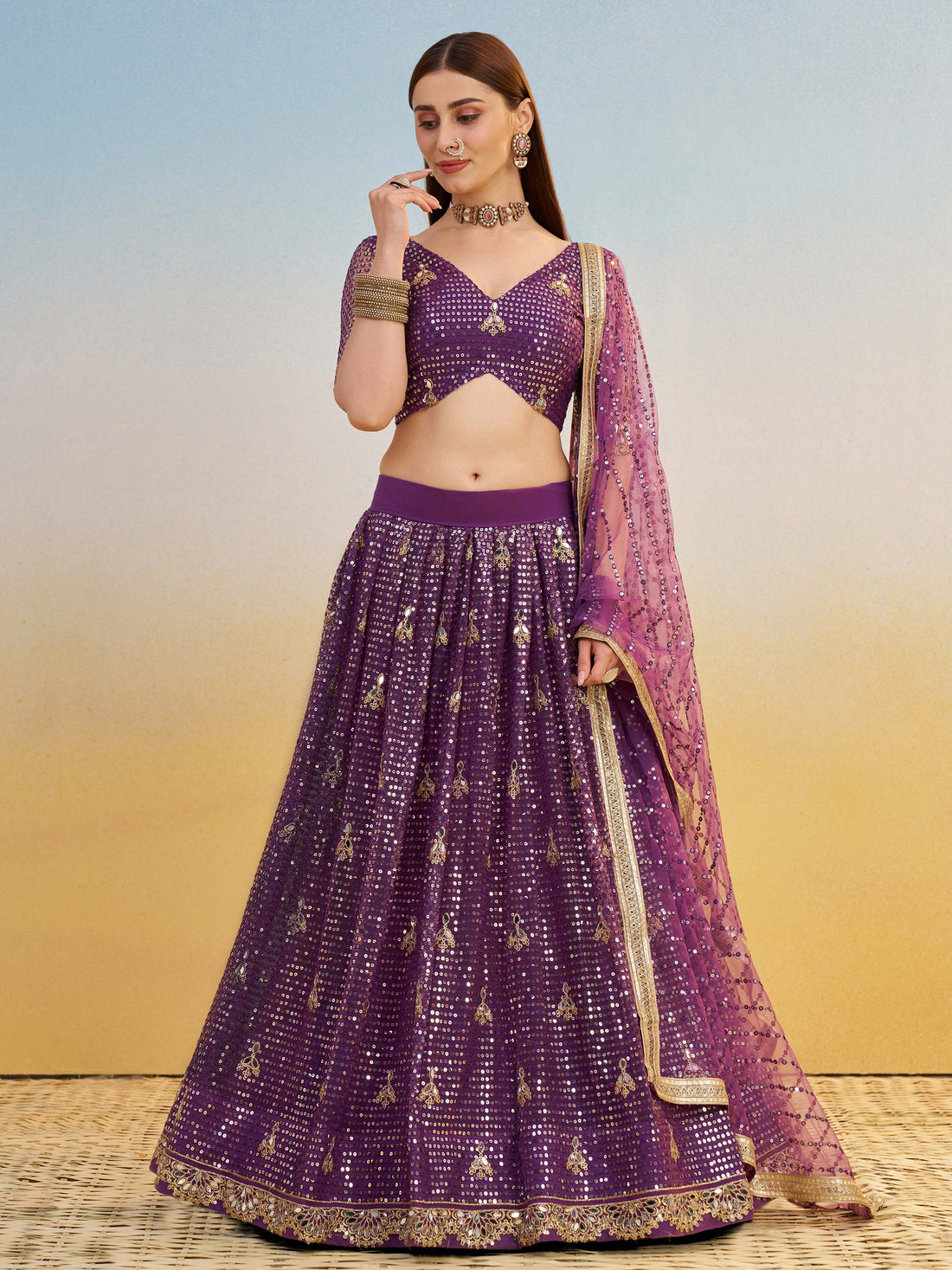 Delicate Purple Sequins Embroidered Net Lehenga Choli With Dupatta