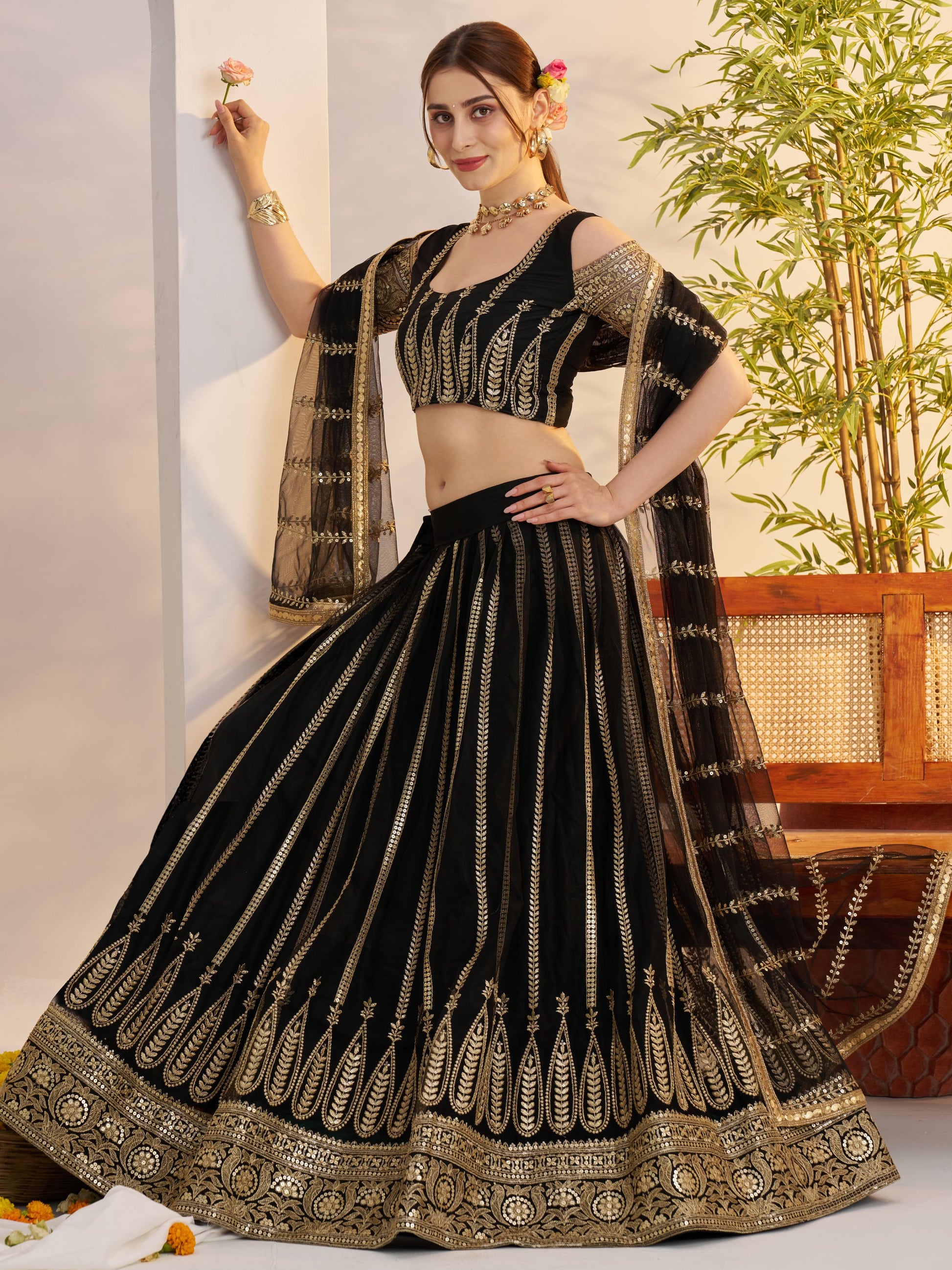 Amazing Black Sequins Net Sangeet Wear Lehenga Choli With Dupatta