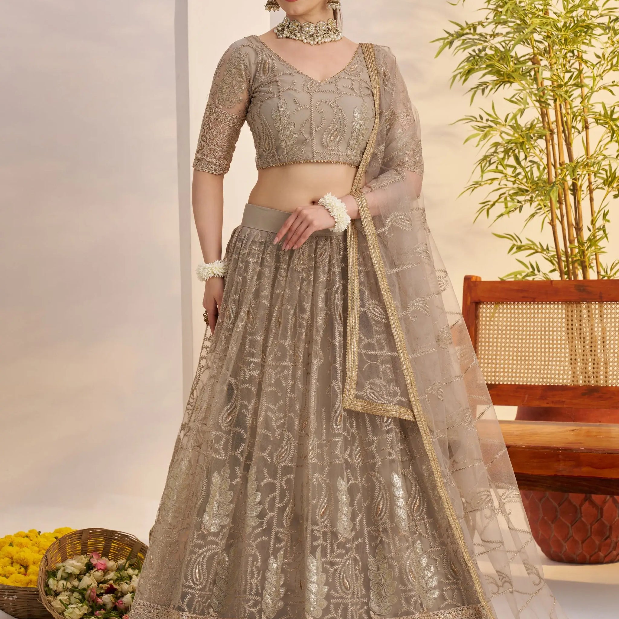 Timeless Gray Thread Work Net Bridesmaid Lehenga Choli With Dupatta