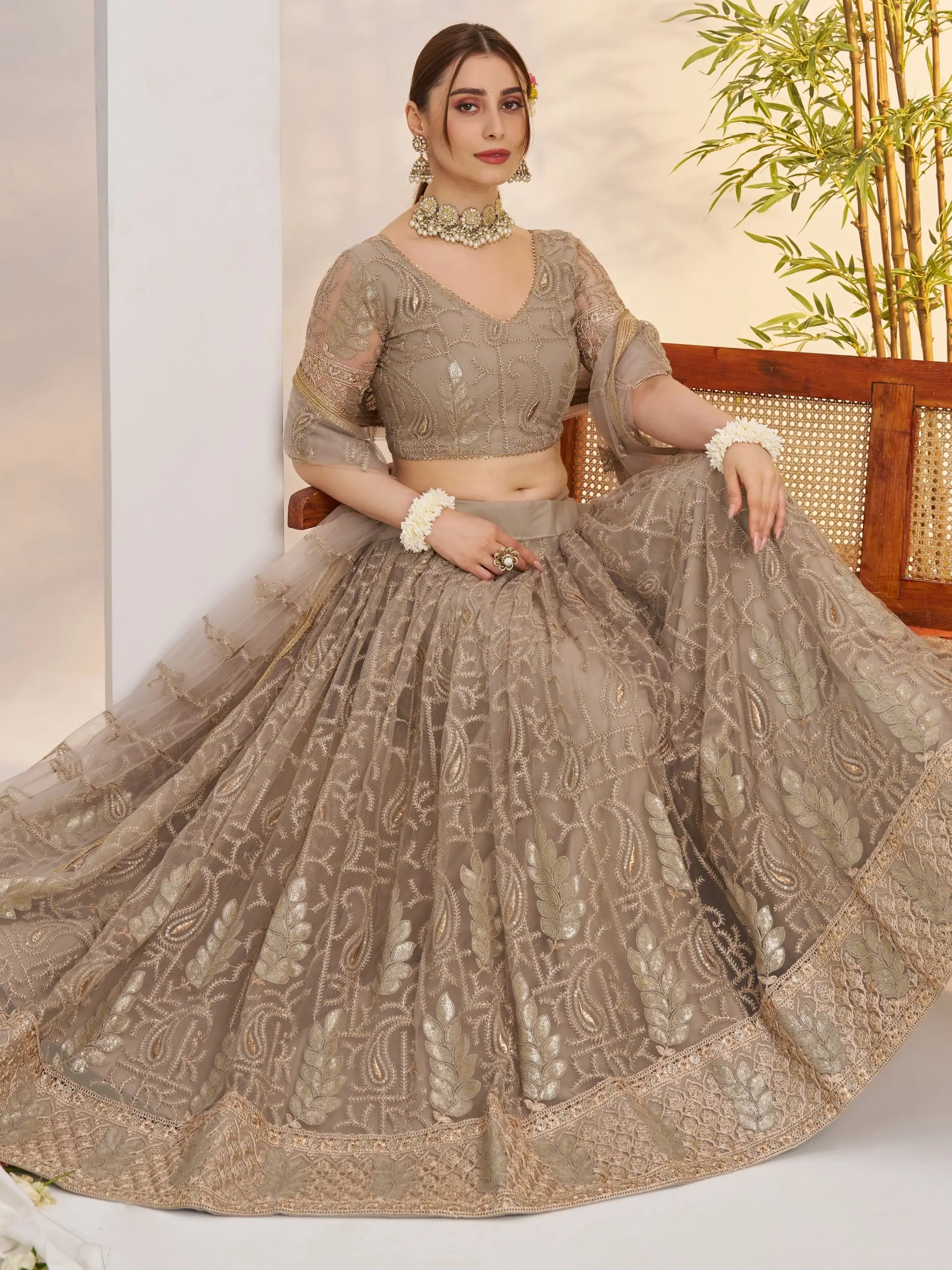 Timeless Gray Thread Work Net Bridesmaid Lehenga Choli With Dupatta