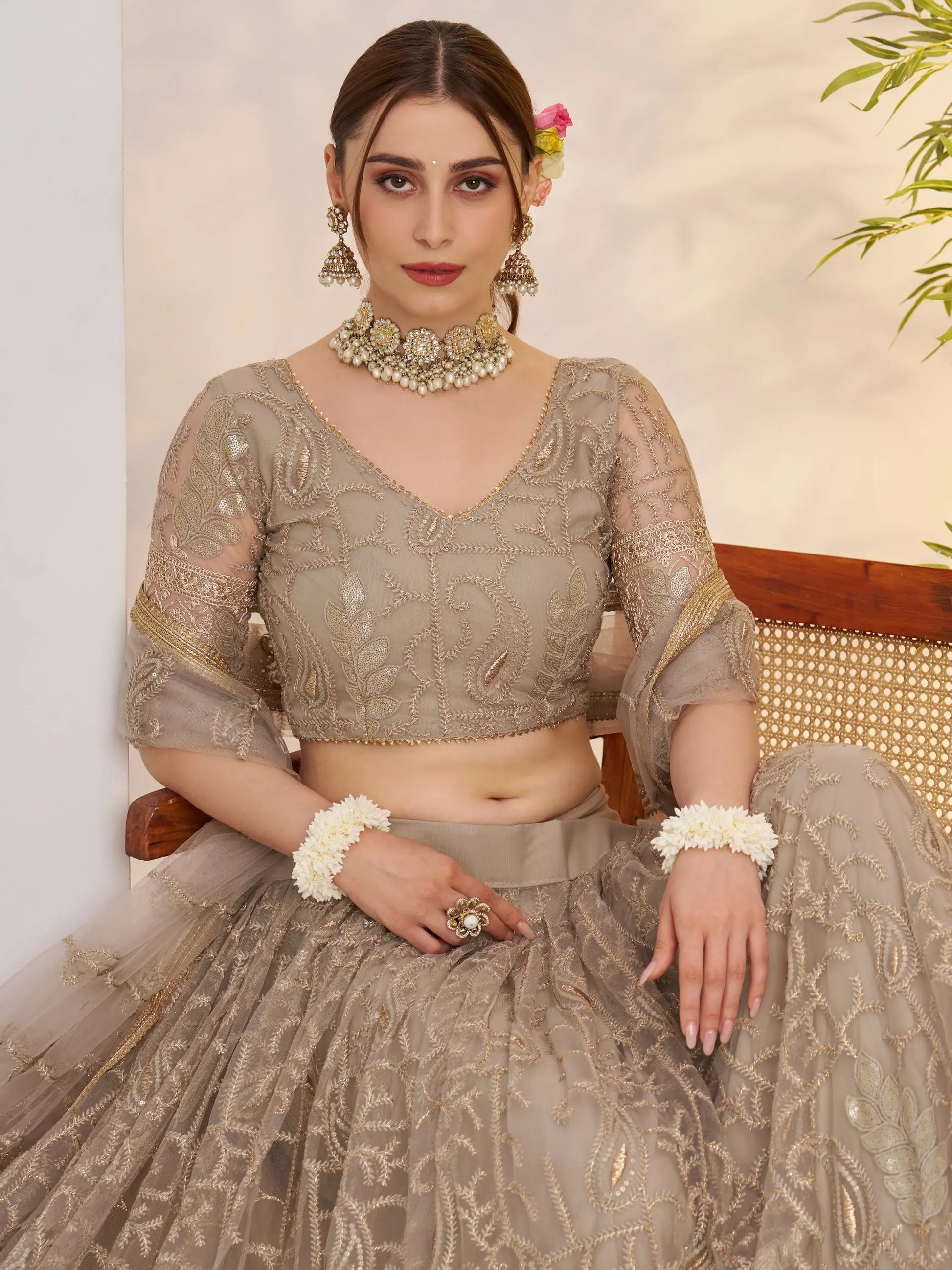 Timeless Gray Thread Work Net Bridesmaid Lehenga Choli With Dupatta