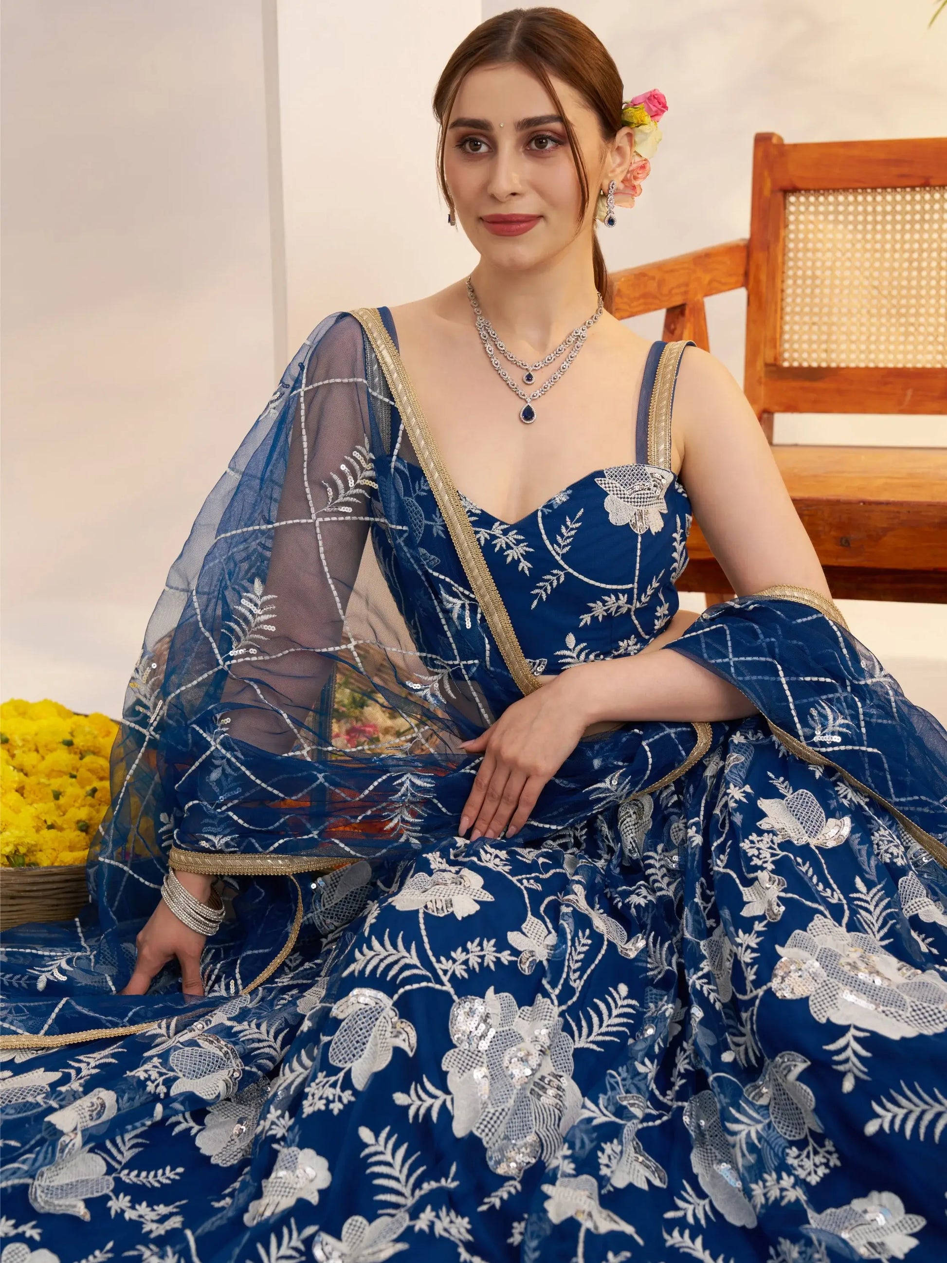 Adoring Teal Blue Floral Embroidery Net Engagement Wear Lehenga Choli