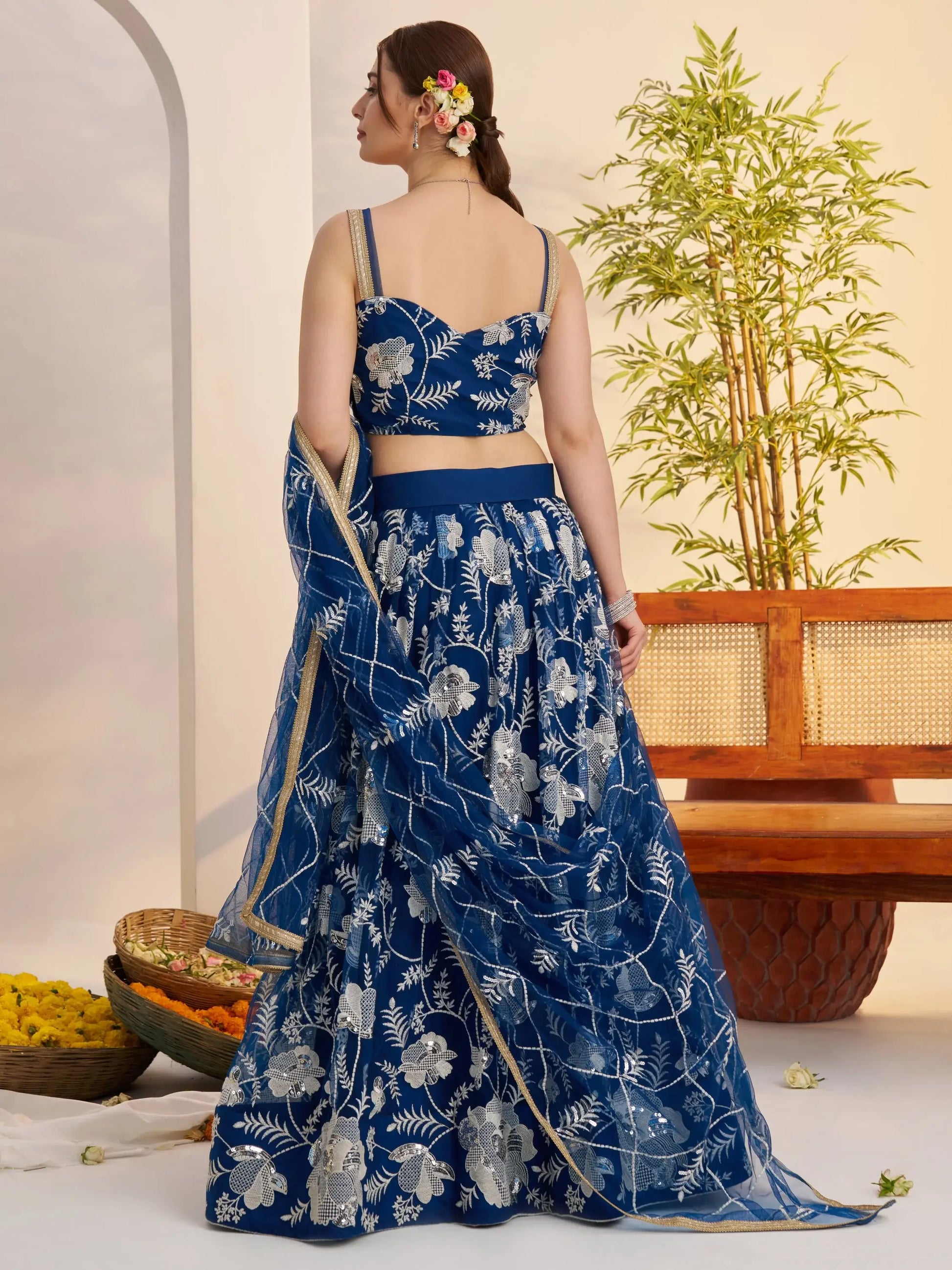 Adoring Teal Blue Floral Embroidery Net Engagement Wear Lehenga Choli