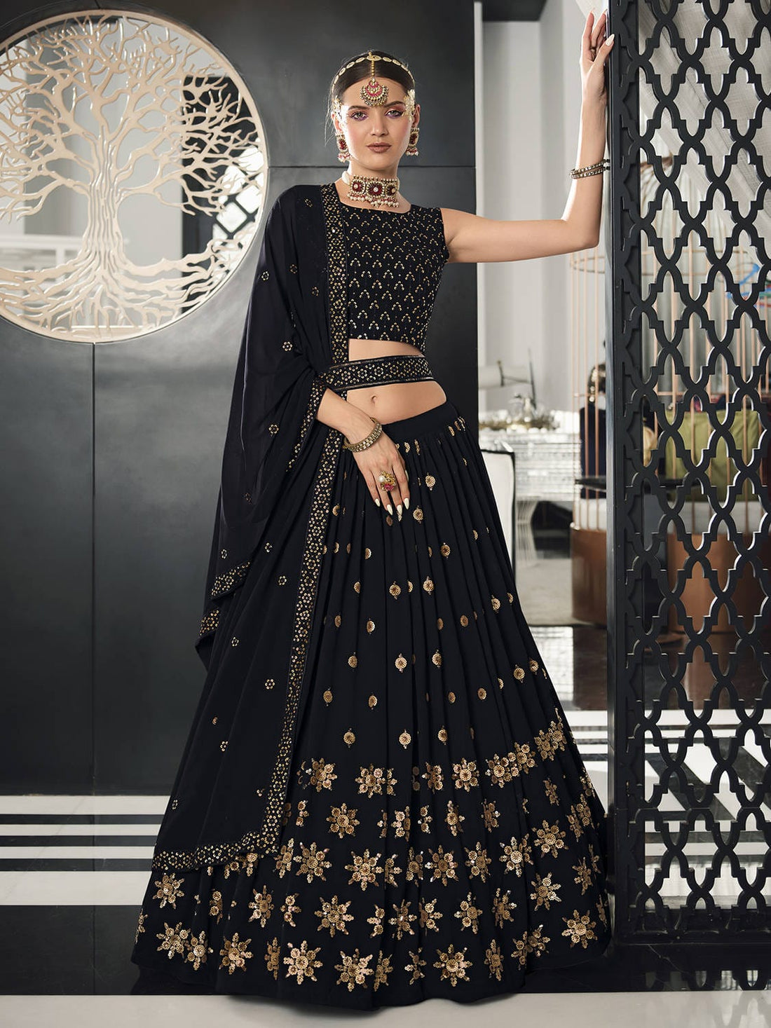 Fabulous Black Sequins Georgette Sangeet Wear Lehenga Choli