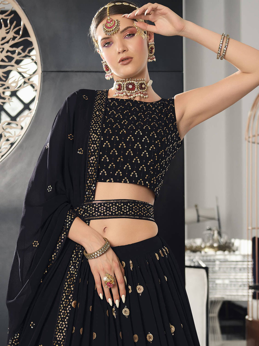 Fabulous Black Sequins Georgette Sangeet Wear Lehenga Choli