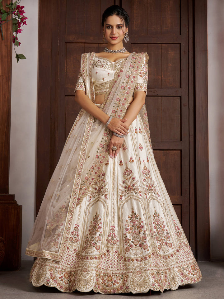 Adorable White Embroidered Silk Bridal Wear Lehenga Choli With Dupatta