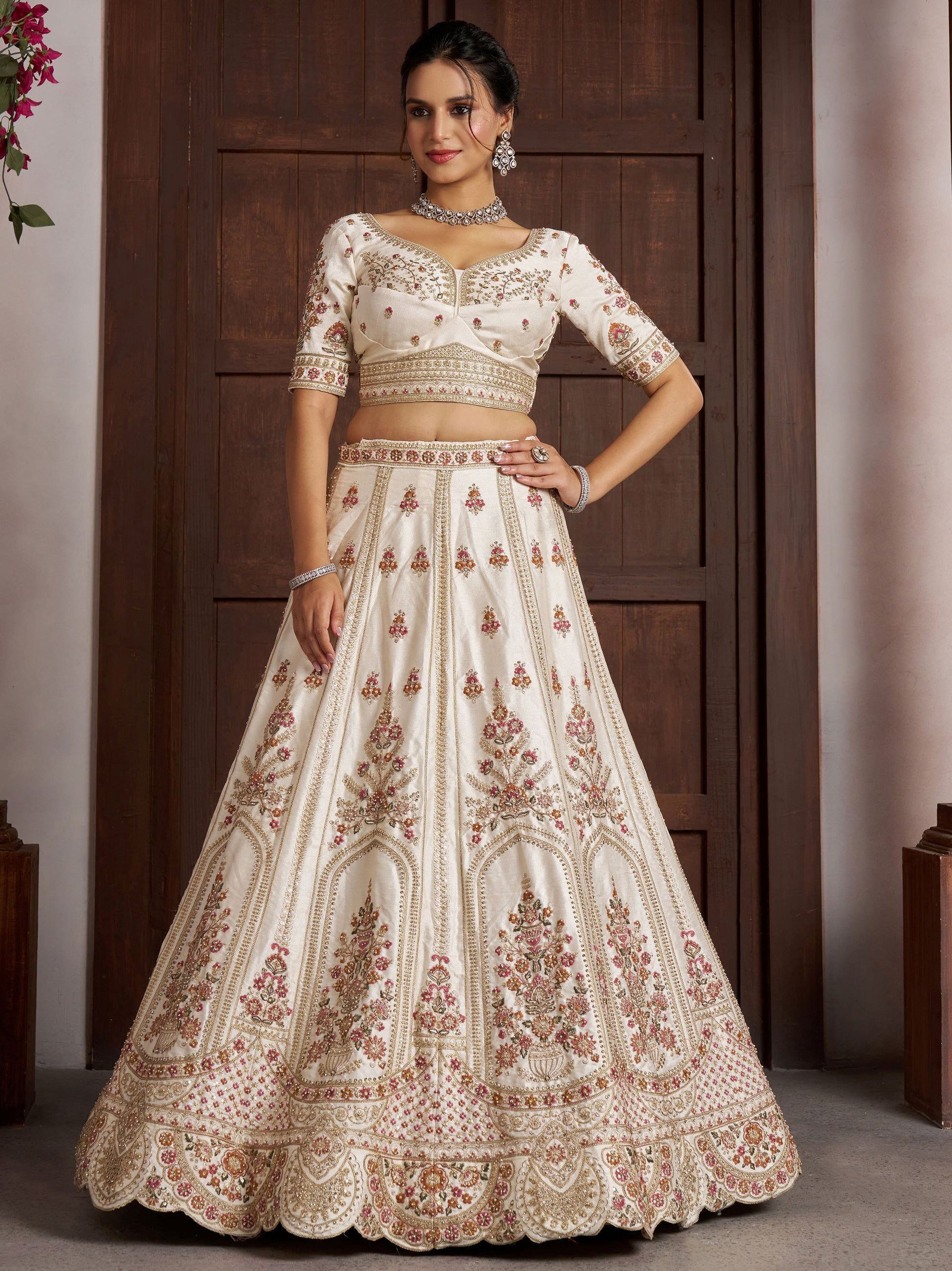 Adorable White Embroidered Silk Bridal Wear Lehenga Choli With Dupatta