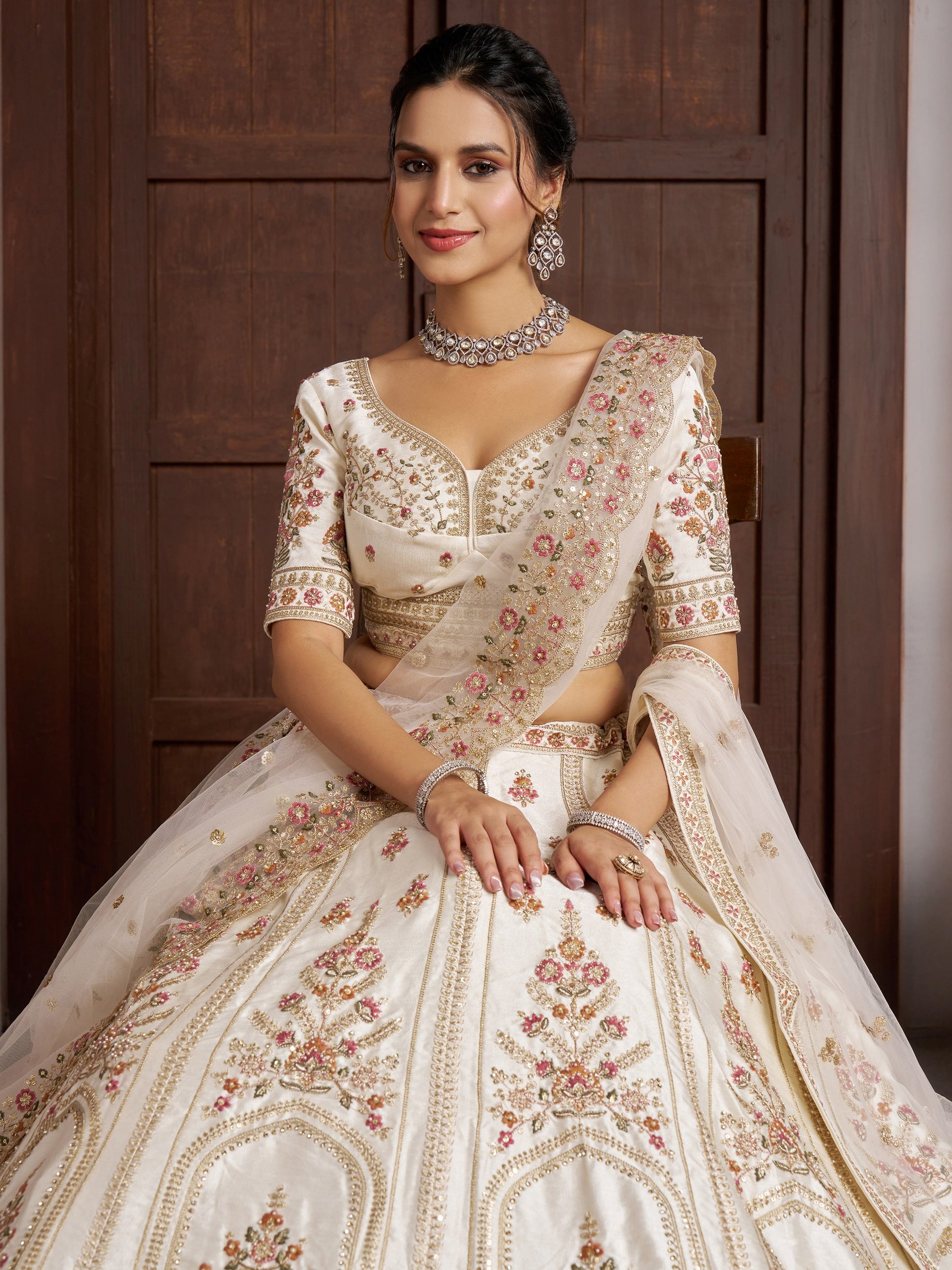 Adorable White Embroidered Silk Bridal Wear Lehenga Choli With Dupatta