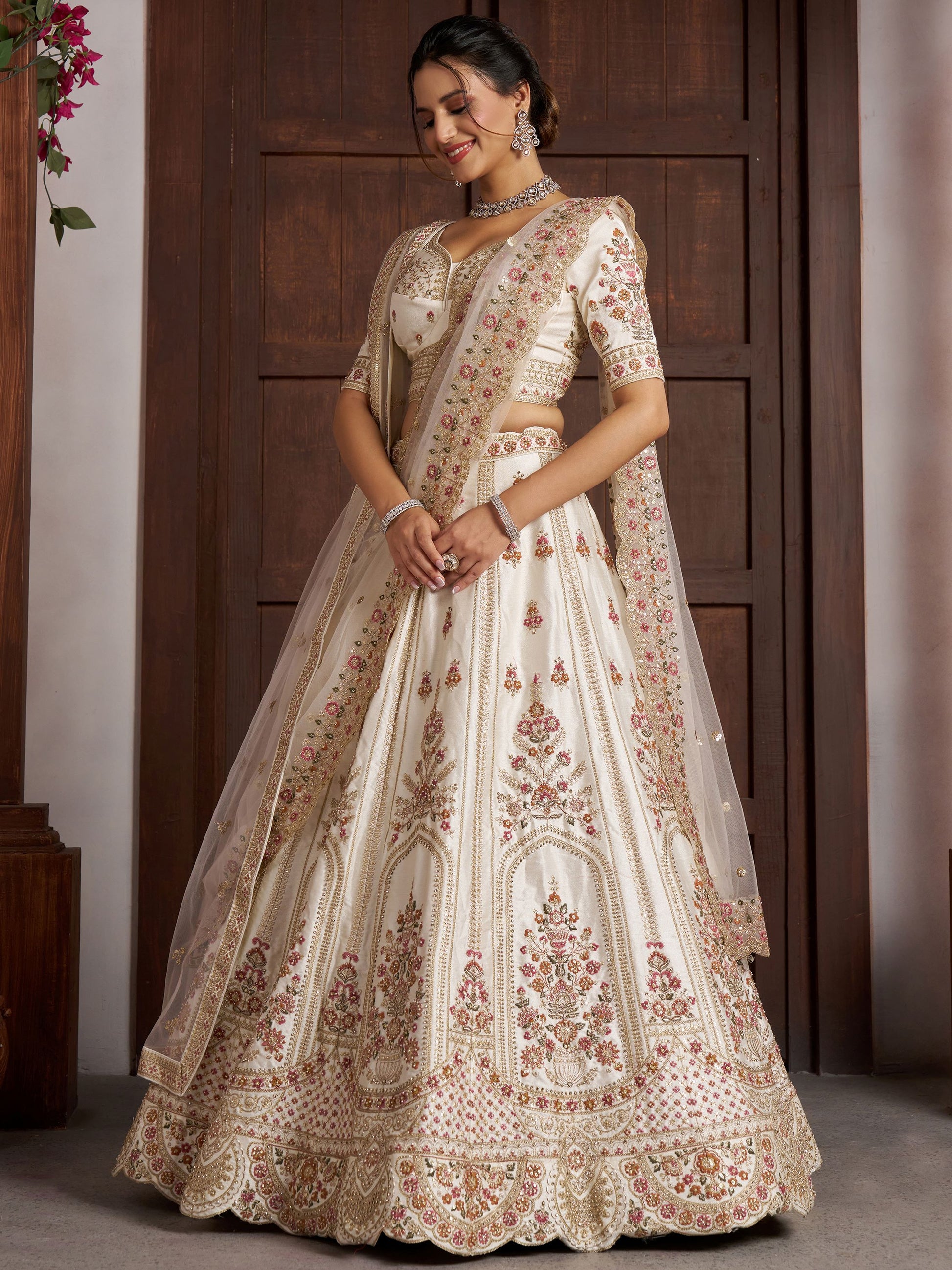 Adorable White Embroidered Silk Bridal Wear Lehenga Choli With Dupatta