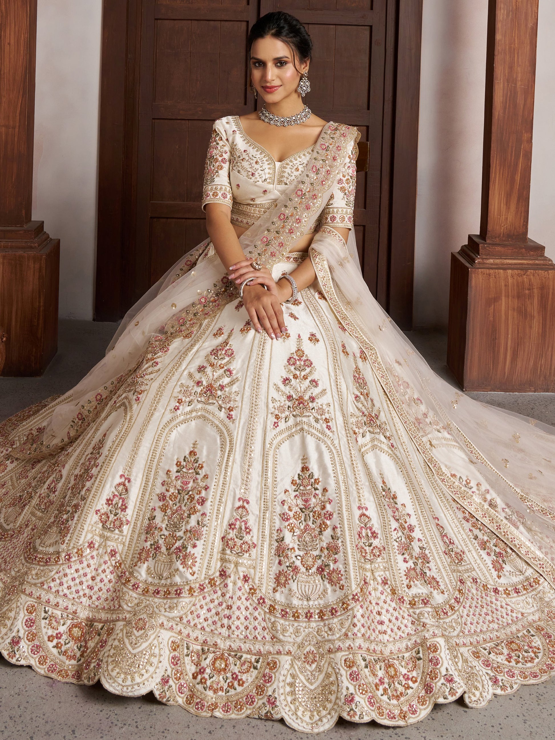 Adorable White Embroidered Silk Bridal Wear Lehenga Choli With Dupatta