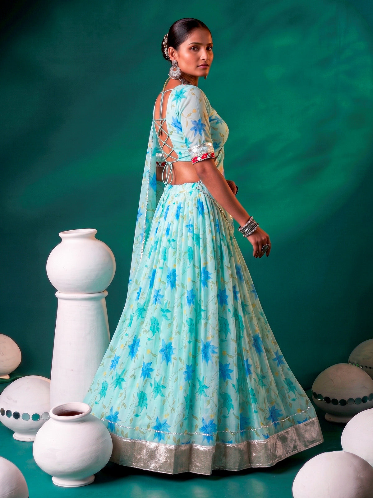 Radiant Aqua Blue Floral Print Silk Festival Wear Lehenga Choli