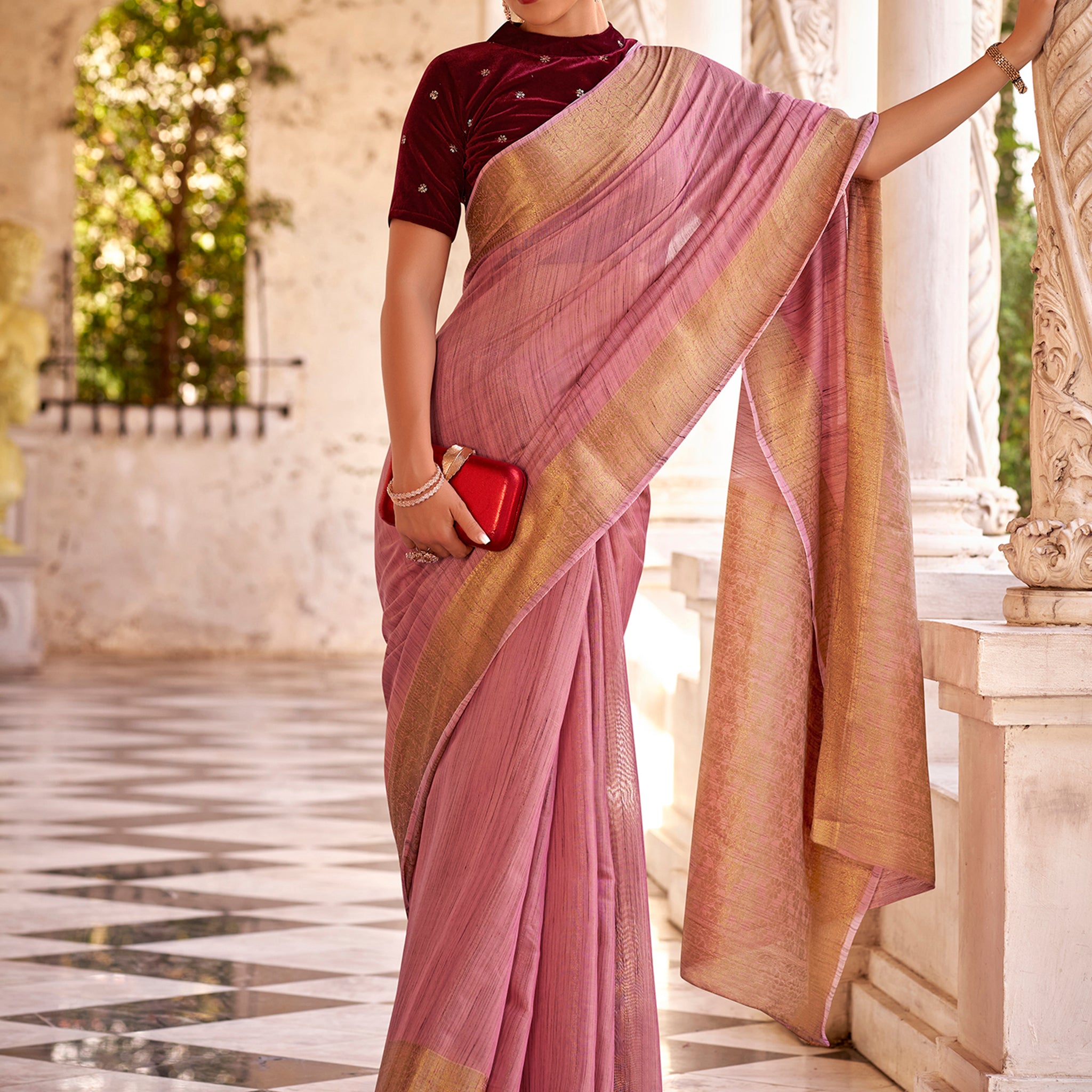 Beautiful Light Mauve Zari Weaving Tissue Silk Traditional Saree