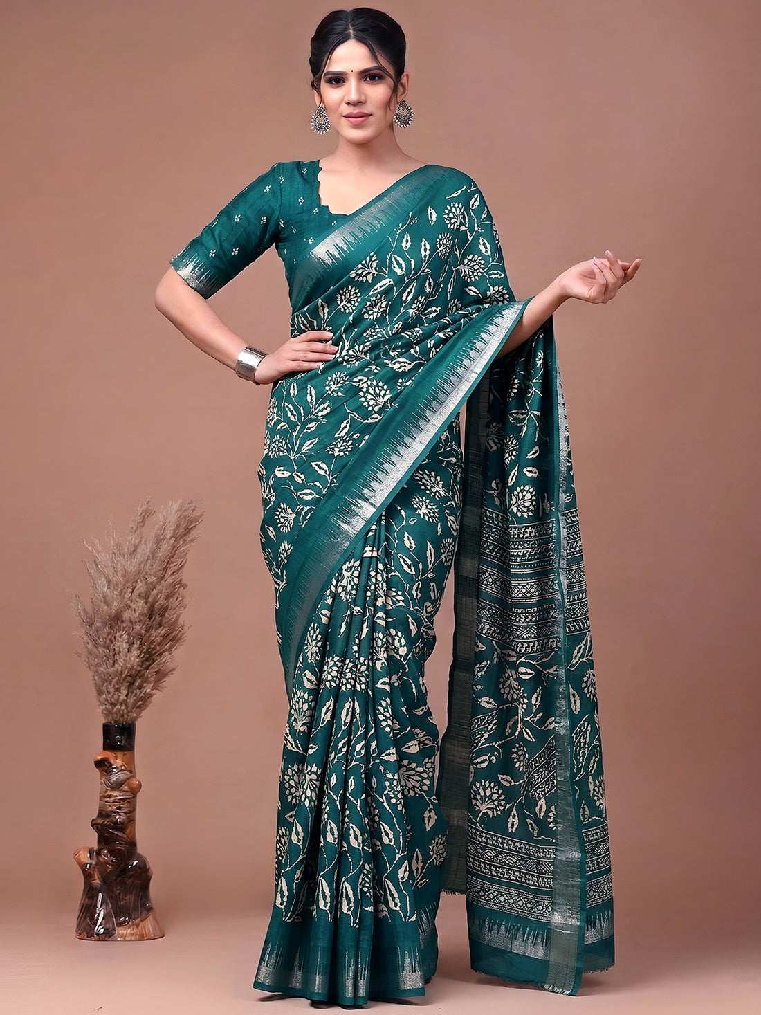 Attractive Teal Green Floral Printed Silk Casual Wear Saree With Blouse