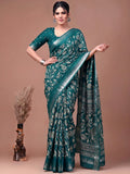 Attractive Teal Green Floral Printed Silk Casual Wear Saree With Blouse