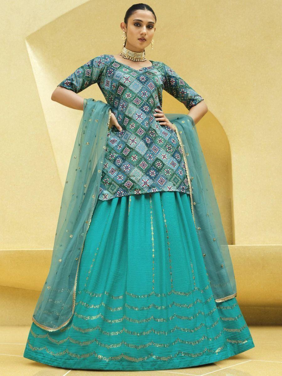 Turquoise Blue Sequins Embroidered Chinon Silk Lehenga Choli