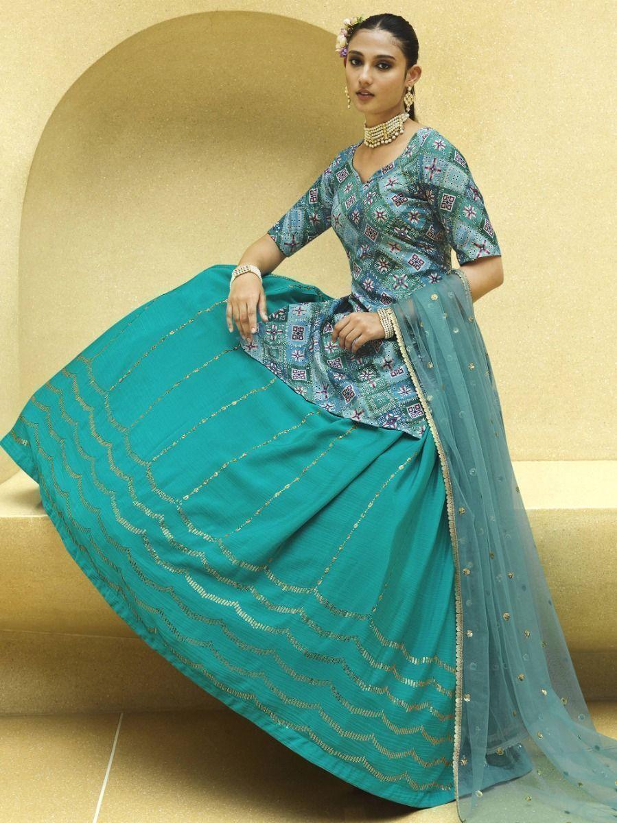 Turquoise Blue Sequins Embroidered Chinon Silk Lehenga Choli