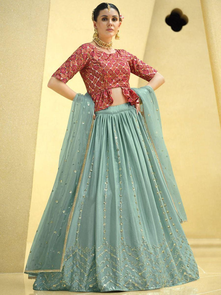 Sky Blue Sequins Embroidered Chinon Silk Lehenga Choli With Dupatta