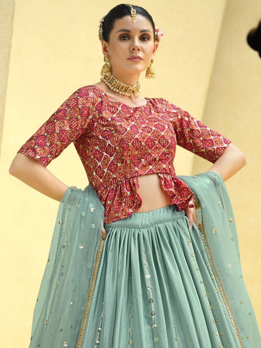 Sky Blue Sequins Embroidered Chinon Silk Lehenga Choli With Dupatta