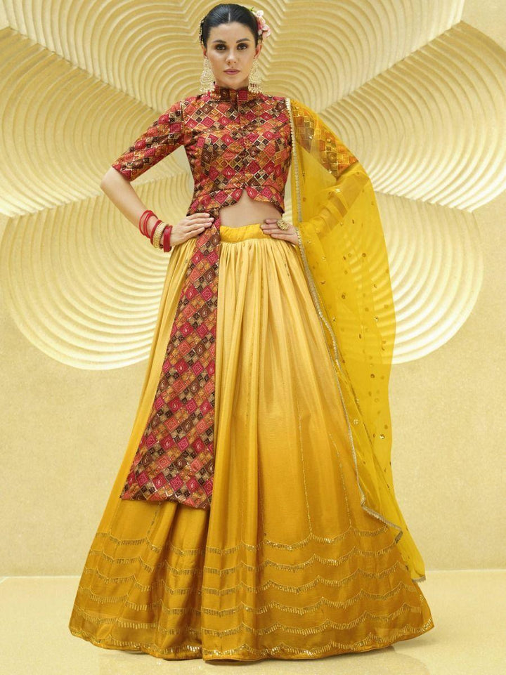 Yellow Sequins Embroidered Chinon Silk Function Lehenga Choli