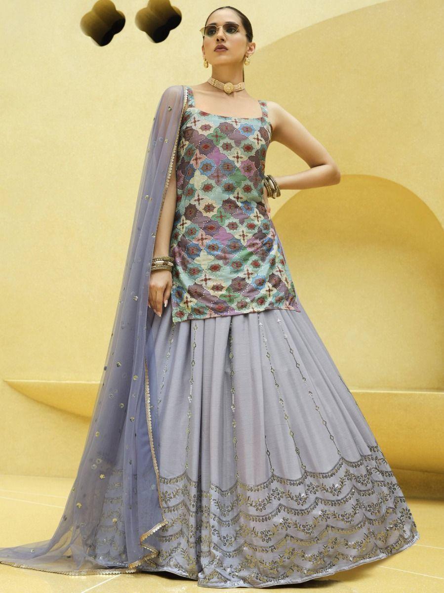 Lavender Sequins Embroidered Chinon Silk Lehenga Choli With Dupatta